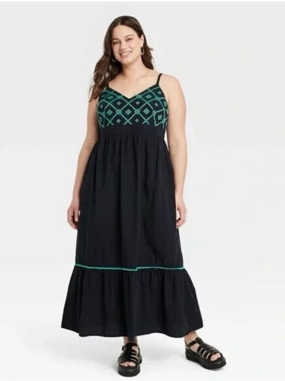 Ava & Viv Black Maxi Dress with Teal Embroidered Geometric Bodice
